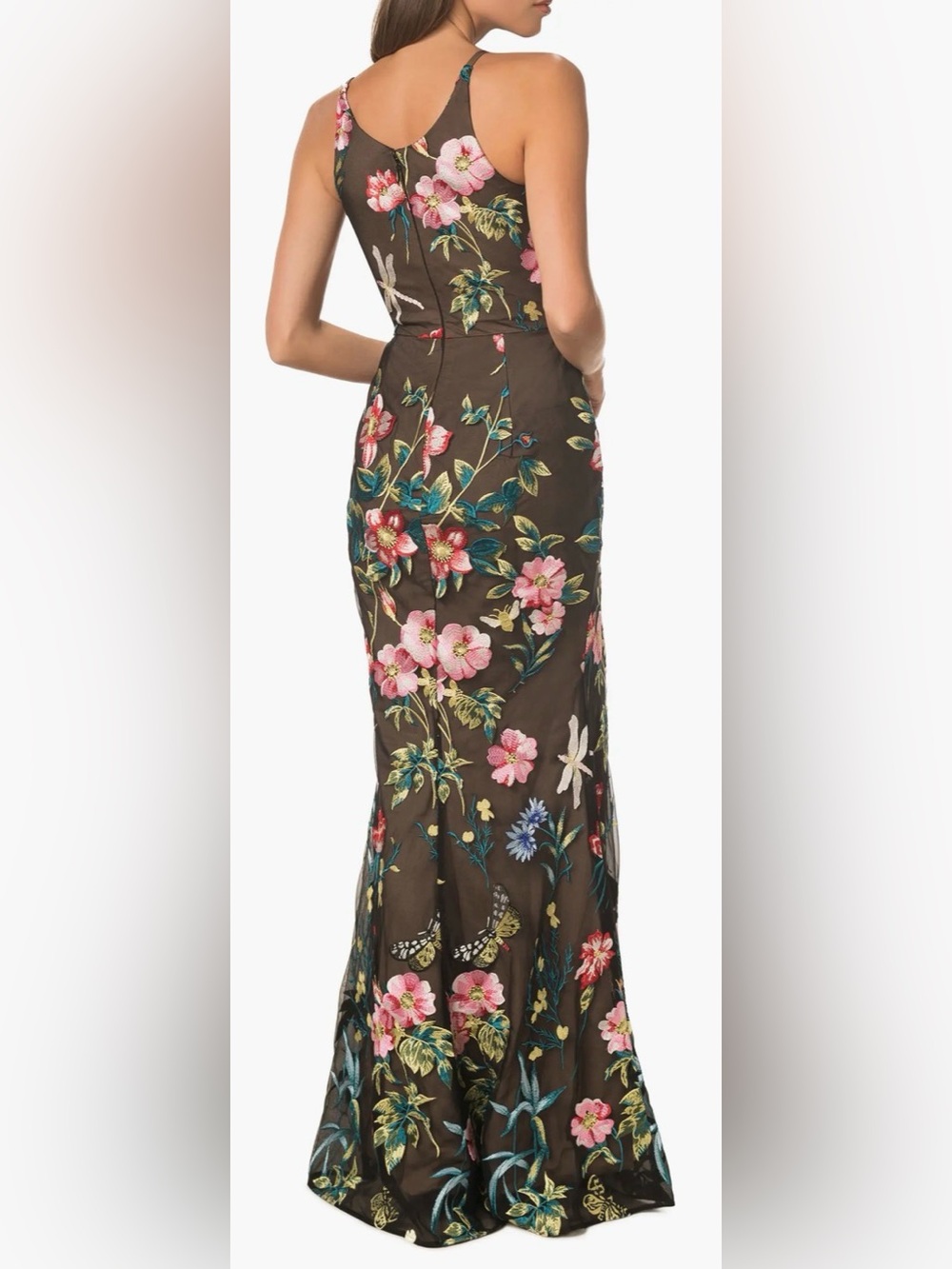 New Dress the Population Brown Floral Maxi Dress with Pink & Teal Blooms - Picture 2 of 9